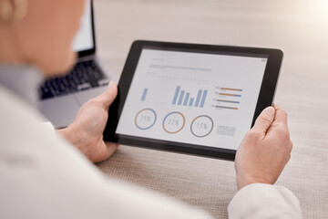 Tablet screen, graph and hands of business worker in office for finance review, analytics and statistics. Corporate, professional and person on digital with infographic for research, results and data