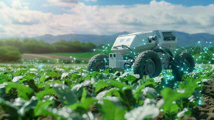 AI technology is operating in an agricultural field, showcasing the latest in smart farming automation and precision agriculture. Digital farming, digital network and Ai in agriculture and farming. 