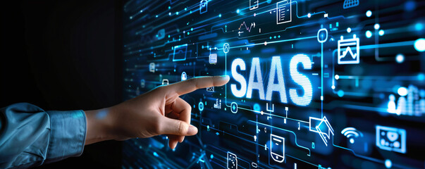 Serial digital illustration of "SAAS" text with icons on a touch screen, a hand touching an icon in the style of social media marketing concept for business technology on a blue background.
