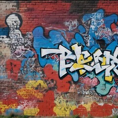 A vibrant and chaotic graffiti-covered brick wall with various abstract shapes, patterns, and symbols in a range of bright colors including red, blue, green, and yellow