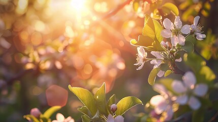 Obraz premium Blooming Tree with Sun Flare in Spring Orchard: Nature Background with Spring Flowers
