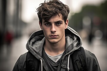 Fototapeta premium A young man wearing a hoodie and backpack stands in front of a building