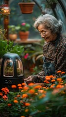 Elderly woman gardening with robotic helper, futuristic trend, technology in future.