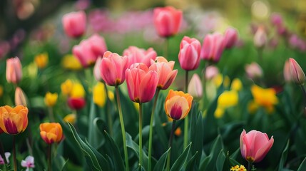 Obraz premium Bright and Cheerful Spring Flowers in Full Bloom, Vibrant Floral Botanical Scene with Soft Pastel Colors and Fresh Petals on Natural Background