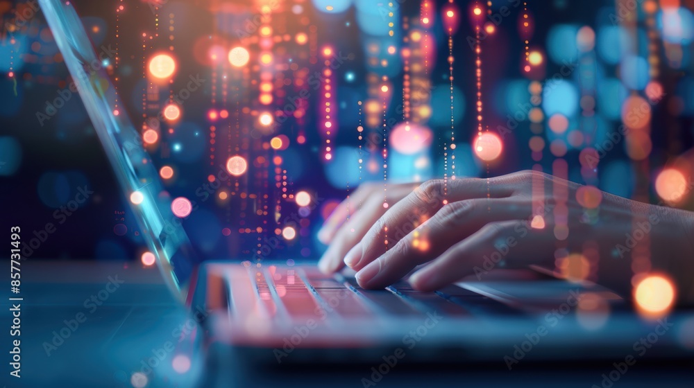 Fototapete Hands typing on a laptop with digital graphics overlay, colorful bokeh lights in background, representing technological advancement and data, high resolution