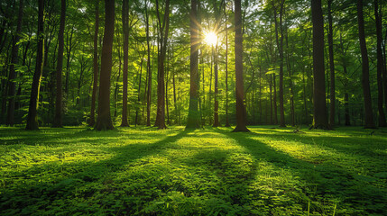 Sunlight Streaming Through a Lush Green Forest in Spring