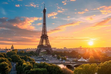 Paris skyline with eiffel tower at sunset in high quality image of paris, france