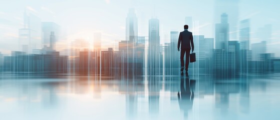 Businessman with briefcase walking towards modern skyscrapers, symbolizing financial growth and professional success, dynamic shot