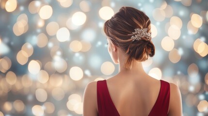 Back view of a woman in an elegant red cocktail dress at a refined gala, classy atmosphere with sparkling lights, clear and vibrant
