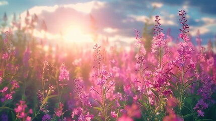 Obraz premium Idyllic Summer Meadow with Pink Wildflowers and Lilac Bushes under Morning Sunlight