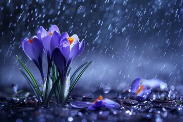 Blue crocuses adorned with raindrops, a breathtaking showcase of spring s natural beauty