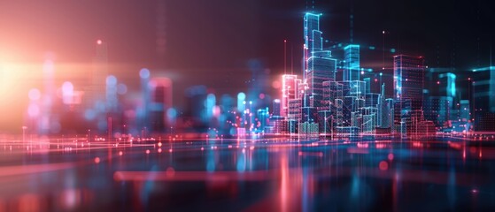 Abstract digital cityscape with glowing neon lines, representing advanced technology and urban futurism, bright and dynamic