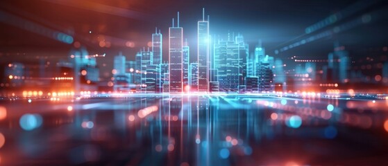 Fototapeta premium Abstract digital cityscape with glowing neon lines, representing advanced technology and urban futurism, bright and dynamic