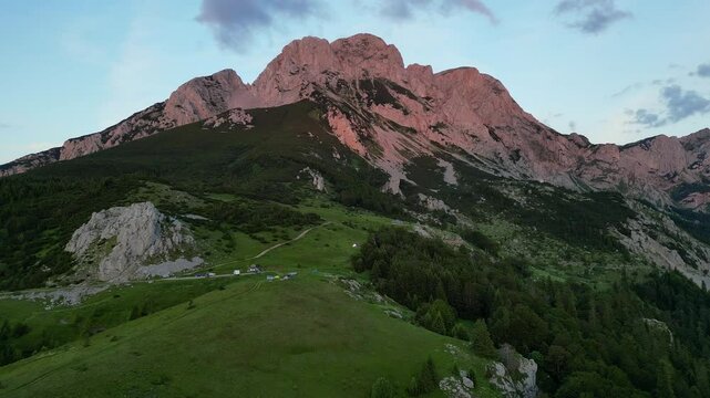 Aerial view of the highest mountain of Bosnia and Herzegovina, Mount Maglic in the red rays of the setting sun