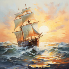 Fototapeta premium Sailing ship in the sea at sunset. 3D illustration.