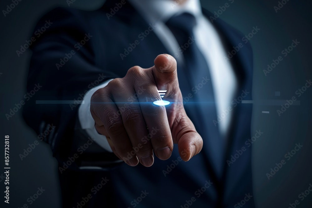 Poster businessman utilizing advanced technology interface in a virtual environment with modern buttons