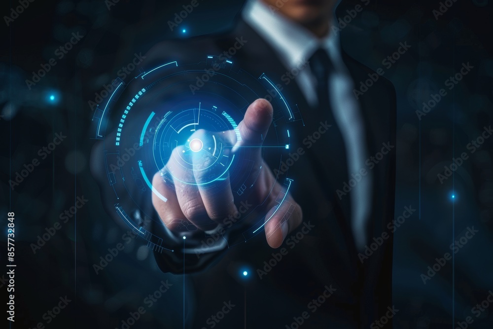 Poster businessman using advanced virtual controls with high tech buttons on futuristic background