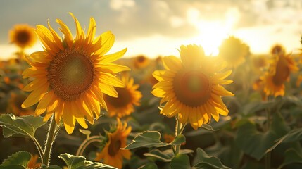 Fototapeta premium Vibrant Sunflowers in Bloom Against a Clear Blue Sky, Summer Botanical Scene
