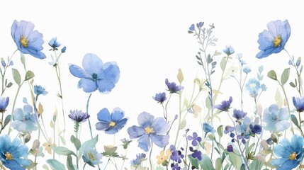 Watercolor Painting of Blue Flowers in a Meadow