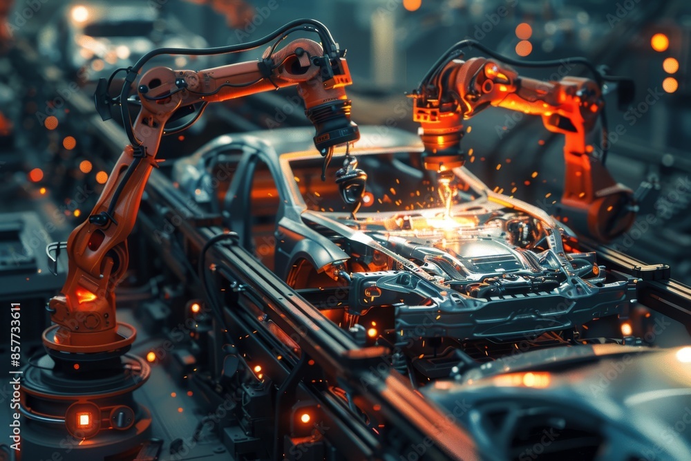 Poster robotic arms welding parts on car body on automated production line. Digitally generated image of an automatic car manufacturing line in an automobile factory with generative ai.