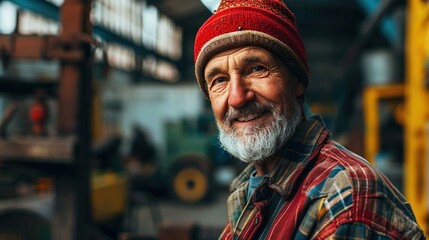 Fototapeta premium Portrait of carpenter handsome man smiling at factory. copy space for text.