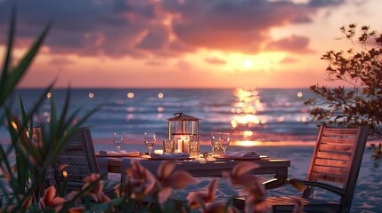 Private romantic dinner setup on the beach with sunset. copy space for text.