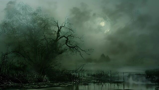 The damp air is thick with the presence of ghostly shapes their eerie moans and whispers echoing through the misty swamp.