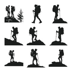 A set of hiking silhouette vector