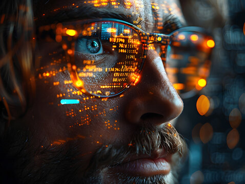 Reflection of the monitor on the glasses of a bearded man. Artificial intelligence.