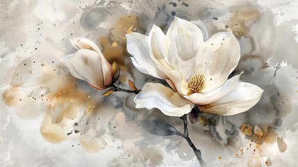 Watercolor Floral Art: Elegant Golden, White, and Gray Magnolia for Wall Canvas Decor