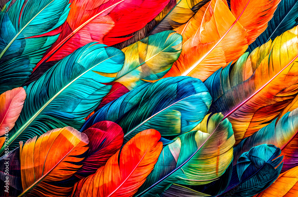 Poster close up of multicolored feathers pattern on black background.