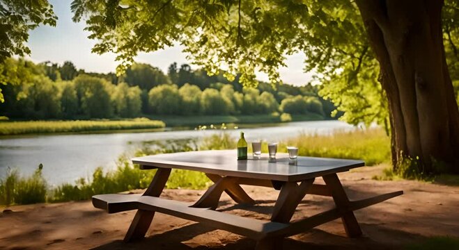 Picnic table under the trees by the river
