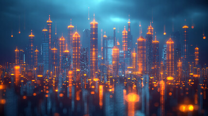 Shanghai city with glowing blue lines and holographic buildings on a dark background, depicting a technology theme concept. Vector illustration of a digital metropolis with a softly blurred background