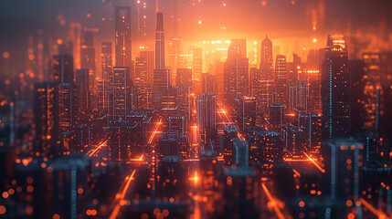 Fototapeta premium Shanghai city with glowing blue lines and holographic buildings on a dark background, depicting a technology theme concept. Vector illustration of a digital metropolis with a softly blurred background