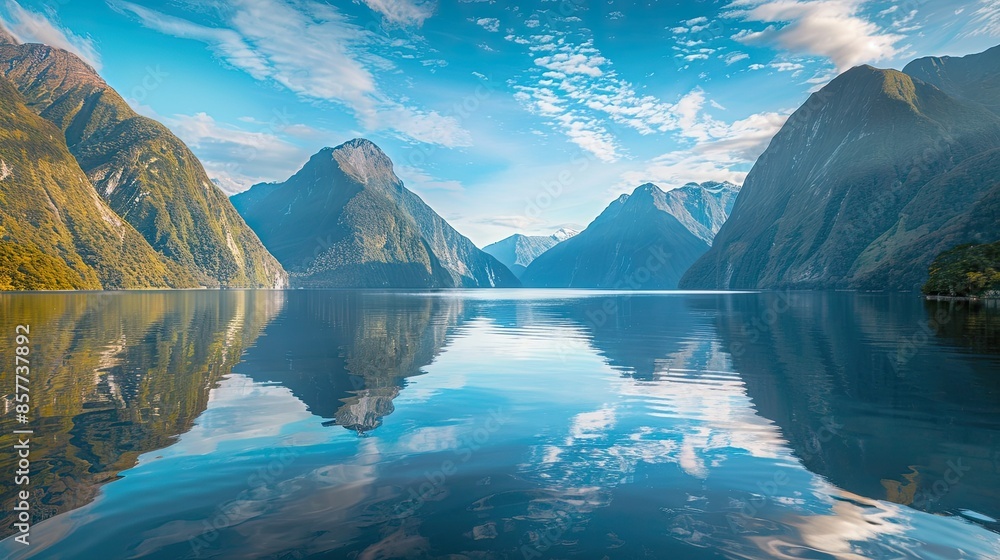 Wall mural Tranquil lake reflecting towering mountains