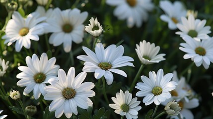 Fototapeta premium White Daisy Flowers Blooming in Sunlight on Fresh Green Meadow, Natural Botanical Spring Scene