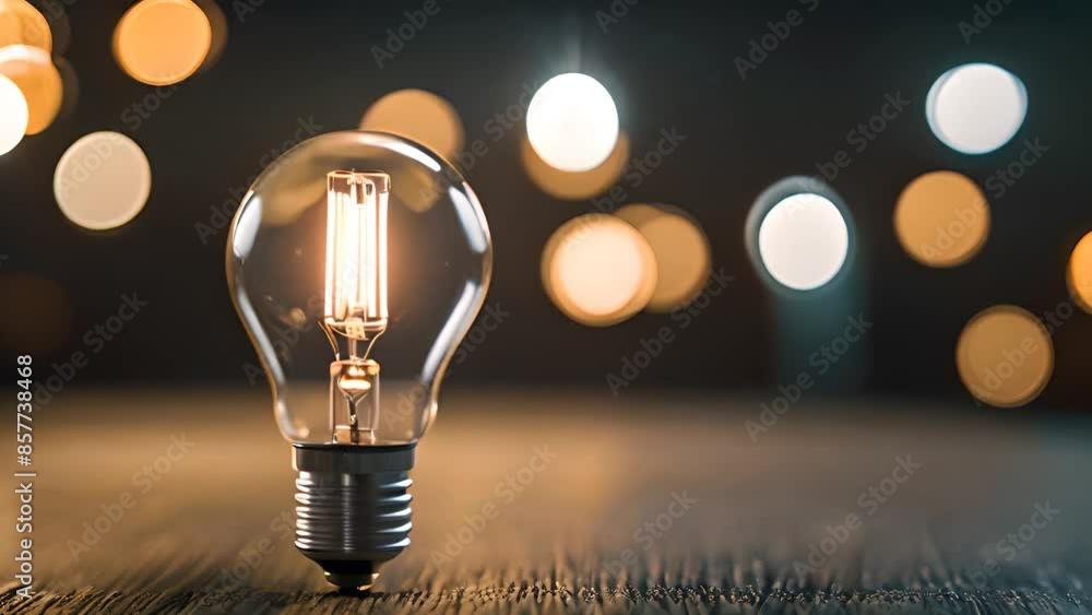 Poster illuminated light bulb on table with bokeh lights generative ai