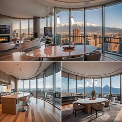 Fototapeta premium building in the city, modern living room with fireplace, luxury apartment suite lounge, interior of a hotel room, lounge chairs on the beach, modern living room, luxury , vacation, umbrella, resort