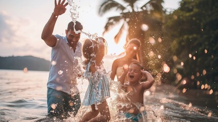 Happy family enjoying a sunny day at the beach, splashing water and having fun together. Perfect vacation and leisure moment.
