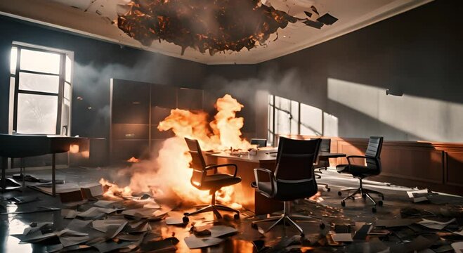 The office meeting room caught fire due to an electrical short circuit.