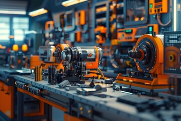 Construction and technology, 3D flat design, tilted angle view of an innovative factory floor with robotic arms assembling products, bold colors, minimalist design, strong visual depth