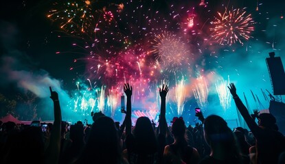 A lively night festival with fireworks and a vibrant crowd creates a colorful, joyful celebration, lighting up the sky in a spectacular way, packed with cheerful energy and exciting light explosions