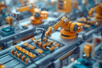 Fototapeta premium Construction and technology, 3D flat design, tilted angle view of an innovative factory floor with robotic arms assembling products, bold colors, minimalist design, strong visual depth
