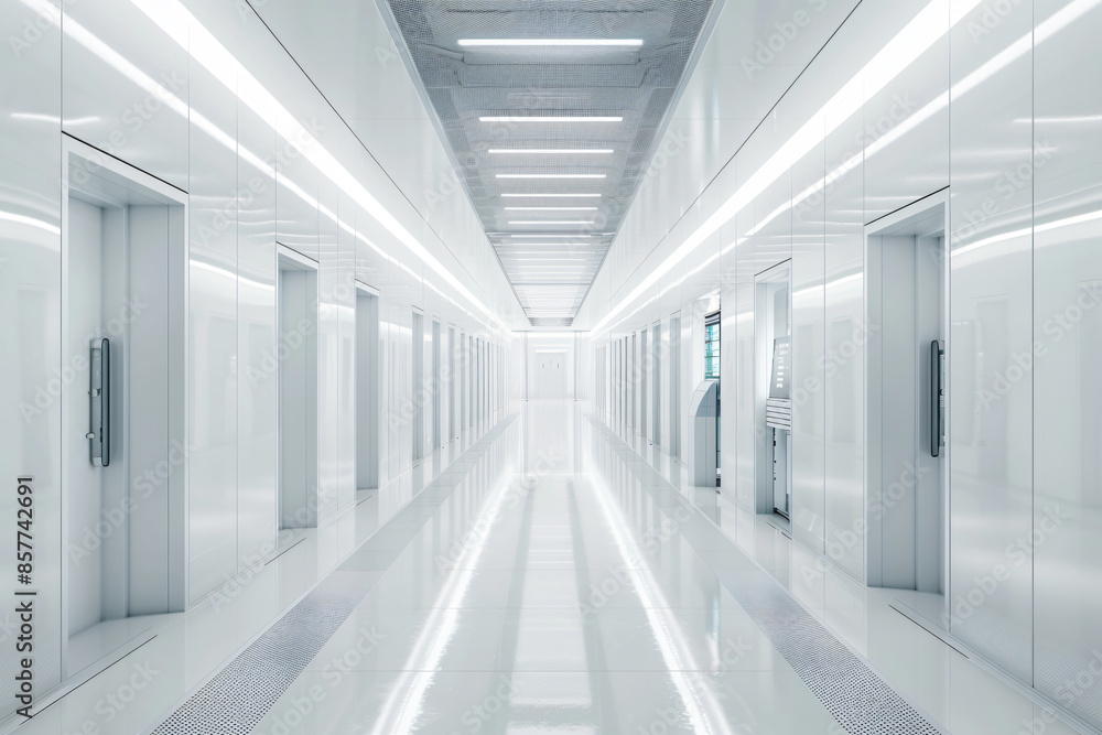 Aufkleber high-tech data center with rows of server cabinets and white walls, viewed from the front. bright li