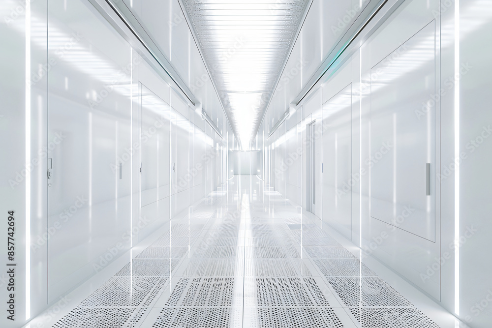 Poster high-tech data center with rows of server cabinets and white walls, viewed from the front. bright li