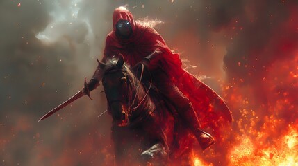 The Second of the Four Horsemen of the Apocalypse, Given a Great Sword and Riding a Red Horse Symbolizing War and Bloodshed. Bible illustration from the Book of Revelation