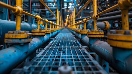 metal walkway with yellow railings and an intricate network of industrial pipes in a factory setting