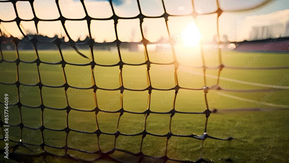 Poster soccer ball in net during golden hour generative ai