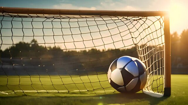 Soccer Ball In Goal Net At Sunset Generative AI