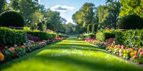Obraz premium Neatly landscaped garden with manicured lawn flowerbeds and trimmed shrubs in a park. Concept Gardening, Landscaping, Flowers, Shrubs, Park
